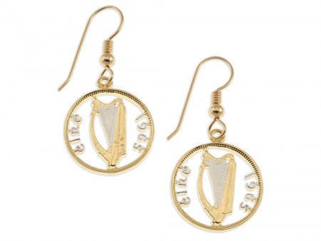 Irish Harp Coin Earrings, Ireland 3 Pence Coin Hand Cut, 14 Karat Gold and Rhodium plated, 14K Gold Filled Ear Wires, ( # 159E )