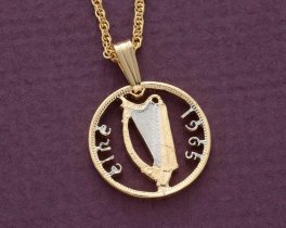 Irish Harp Pendant and Necklace, Ireland 3 Pence coin Hand Cut, 14 Karat Gold and Rhodium plated, 5/8 " in Diameter, ( #R 159 )