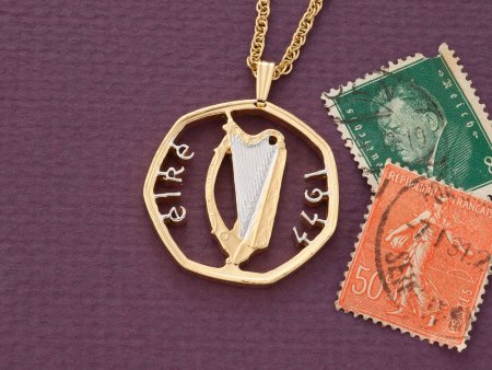 Irish Harp Pendant and Necklace, Ireland 50 Pence Harp Coin hand Cut, 14 Karat Gold and Rhodium Plated, 1 1/4 " In Diameter, ( #R 172 )
