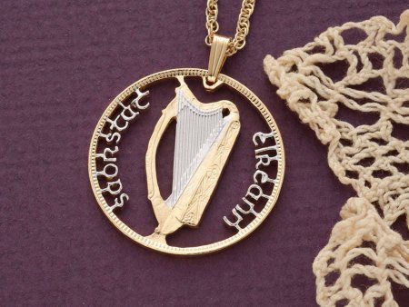 Irish Harp Pendant and Necklace, Ireland Half Crown Coin Hand Cut, 14 Karat Gold and Rhodium Plated,1 1/4 " in Diameter  ( #R 418 )