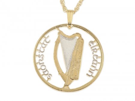 Irish Harp Pendant and Necklace, Ireland Half Crown Coin Hand Cut, 14 Karat Gold and Rhodium Plated,1 1/4 " in Diameter  ( #R 418 )