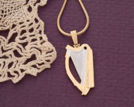 Irish Harp Pendant and Necklace, Ireland One Half Crown Harp Coin Hand Cut, 14 Karat Gold and Rhodium plated, 1" in Diameter, ( #K 418B )