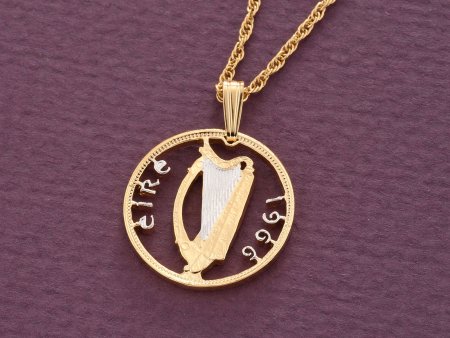 Irish Harp Pendant and Necklace, Ireland Six Pence Coin Hand Cut, 14 Karat Gold and Rhodium Plated, 7/8" in Diameter, ( #R 828 )