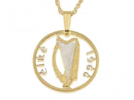 Irish Harp Pendant and Necklace, Ireland Six Pence Coin Hand Cut, 14 Karat Gold and Rhodium Plated, 7/8" in Diameter, ( #R 828 )