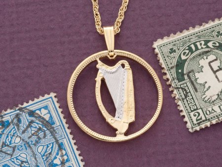 Irish Harp Pendant and Necklace, Ireland three Pence Harp Coin hand Cut, 14 Karat Gold and Rhodium Plated, 3/4" in Diameter, ( #R 164 )