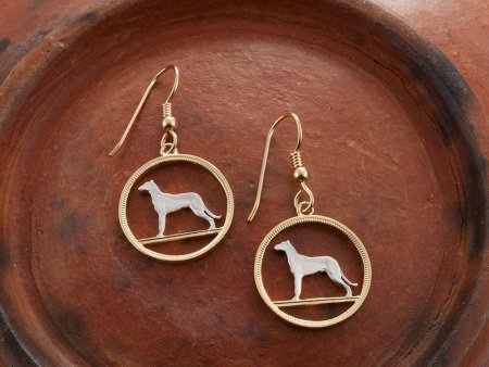 Irish Wolfhound Earrings, Hand Cut Ireland Six Pence Dog Coin, Dog earrings, Irish Wolfhound Jewelry, 3/4" in Diameter ( # 160E )