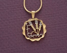 Israel (Hebrew) Pendant & Necklace Jewelry, Israel One Agorot Coin Hand Cut, 14 Karat Gold and Rhodium Plated, 3/4 " in Diameter,( #K 184 )