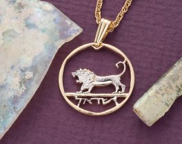 Israel Lion Of King David Pendant and Necklace, Israel Coin Hand cut, 14 Karat Gold and Rhodium Plated, 3/4" in Diameter, ( #R 190 )