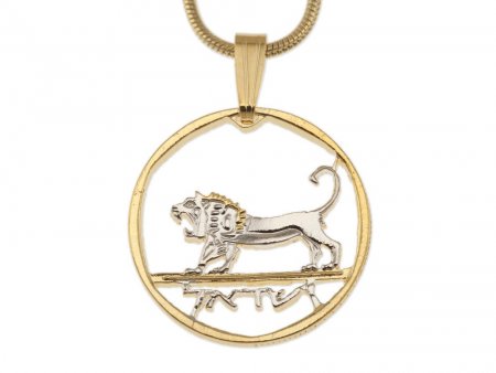 Israel Lion Of King David Pendant and Necklace, Israel Coin Hand cut, 14 Karat Gold and Rhodium Plated, 3/4" in Diameter, ( #R 190 )