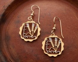 Israeli Coin Earrings, Israel One Agorot Coin Hand Cut, 14 Karat Gold and Rhodium plated, 14 K G/F Wires 3/4" in Diameter, ( # 184E )