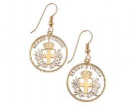 Italian Coin earrings, Italy 20 Centisimi coins Hand Cut, 14 Karat Gold and Rhodium plated, 14 K G/F Ear Wires 3/4" in Diameter, ( # 195E )