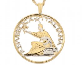 Italian Coin Pendant and Necklace, Italy 1961 500 Lira Coin Hand Cut, 14 Karat Gold and Rhodium Plated, 1 1/8" in Diameter, ( #R 843 )