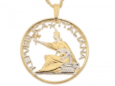 Italian Coin Pendant and Necklace, Italy 1961 500 Lira Coin Hand Cut, 14 Karat Gold and Rhodium Plated, 1 1/8" in Diameter, ( #R 843 )