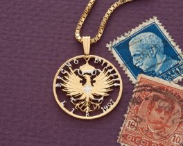 Italian Eagle Pendant and Necklace, Italian One Lira Coin hand Cut, 14 Karat Gold and Rhodium plated, 7/8" in Diameter, ( #X 196 )