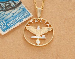 Italian Eagle Pendant and Necklace, Italy Five Centisimi coin Hand Cut, 14 Karat Gold and Rhodium plated, 3/4" in Diameter, ( #R 193 )