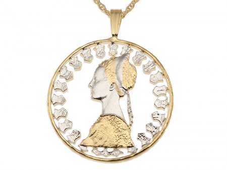 Italian Pendant and Necklace Jewelry, Italian 500 Lira Coin Hand cut, 14 Karat Gold and Rhodium plated, 1 1/4" in Diameter, ( # R206 )
