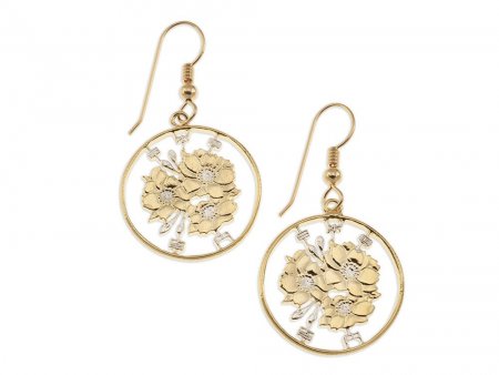 Japanese Cherry Blossom earrings, Japan 100 Yen Coin Hand Cut, 14 Karat Gold and Rhodium plated,14K G/F Wires  7/8" in Diameter, ( # 213E )