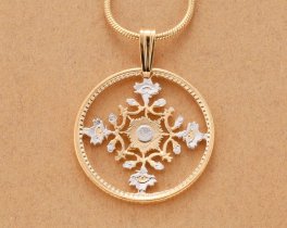 Japanese Pendant and Necklace, Japanese 50 Yen Flower Coin Hand Cut, 14 Karat Gold and Rhodium Plated, 1" in Diameter, ( # K904 )