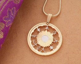 Japanese Pendant and Necklace Jewelry, Japan 50 Sen Coin Hand Cut, 14 Karat Gold and Rhodium plated, 7/8" in Diameter, ( #K 903 )