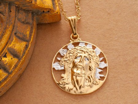 Jesus Pendant and Necklace Jewelry, Jesus Religious Medallion Hand cut, 14 Karat Gold and Rhodium Plated, 7/8 " in Diameter, ( #R 539 )