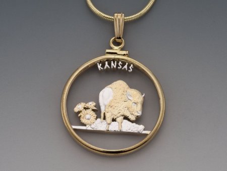 Kansas State Quarter Pendant, Hand Cut United States Kansas State Quarter, 14 Karat Gold and Rhodium Plated, 1" in Diameter, ( #K 2034 )
