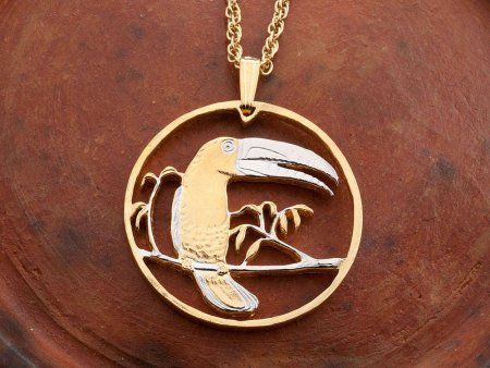 Keel Billed Toucan Pendant and Necklace, Belize Toucan Bird Coin Hand Cut, 14 Karat Gold and Rhodium Plated, 1 1/8" in Diameter, ( #R 595 )