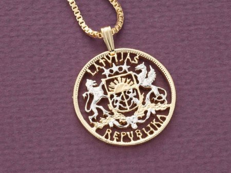 Latvian Pendant and Necklace Jewelry Latvian two Latai Coin Hand cut, 14 Karat Gold and Rhodium plated, 1" in Diameter, ( #X 224 )