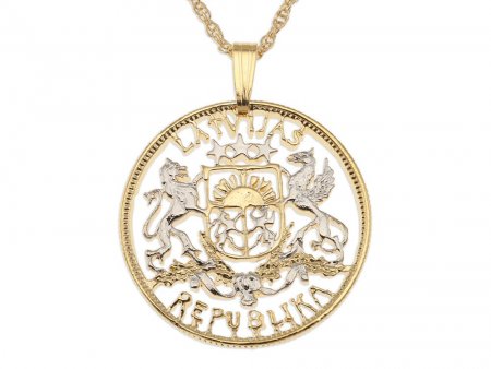 Latvian Pendant and Necklace Jewelry Latvian two Latai Coin Hand cut, 14 Karat Gold and Rhodium plated, 1" in Diameter, ( #X 224 )