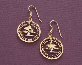 Lebanese Cedar Tree earrings, Lebanon 50 Piastres Coin Hand Cut, 14 Karat Gold and Rhodium plated,7/8" in Diameter,14K G/F Wires,( # 466E )