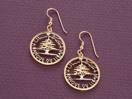 Lebanese Cedar Tree earrings, Lebanon 50 Piastres Coin Hand Cut, 14 Karat Gold and Rhodium plated,7/8" in Diameter,14K G/F Wires,( # 466E )