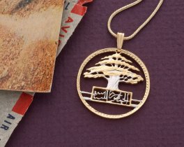 Lebanese Cedar Tree Pendant, 50 Piastres Coin hand Cut, 1" in Diameter, ( #K 608 )