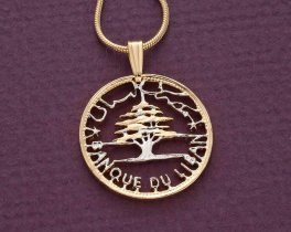 Lebanese Cedar Tree Pendant and Necklace Jewelry, Lebanese 50 Piastres Coin hand Cut,14K Gold and Rhodium plated,7/8" in Diameter, (#K 466 )