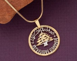 Lebanese Cedar Tree Pendant, Lebanon 50 Piastres Coin Hand, 7/8" in Diameter,( # K930 )