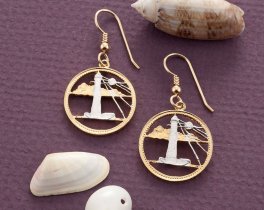 Lighthouse Earrings, Barbados Five Cents Lighthouse Coin Hand Cut, 14 Karat Gold and Rhodium Plated , ( # 26E )