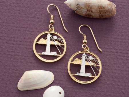 Lighthouse Earrings, Barbados Five Cents Lighthouse Coin Hand Cut, 14 Karat Gold and Rhodium Plated , ( # 26E )