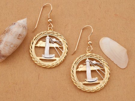 Lighthouse Earrings, Hand Cut Barbados 5 Cents Coins, Nautical Jewelry, Lighthouse Jewelry, Lighthouse Gifts, 1" in Diameter ( # 721E )