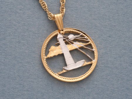 Lighthouse Pendant and Necklace, Barbados Coin Jewelry, Coin Jewelry, Cut Coin Jewelry, Lighthouse Gifts, Nautical Gifts,  ( #R 26 )