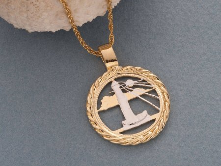 Lighthouse Pendant and Necklace, Barbados Five Cents Coin Hand Cut, 14 K Gold and Rhodium Plated, 7/8 " in Diameter, ( #R 721 )