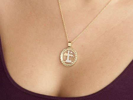 Lighthouse Pendant and Necklace, Barbados Five Cents Coin Hand Cut, 14 K Gold and Rhodium Plated, 7/8 " in Diameter, ( #R 721 )