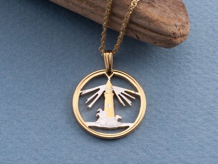 Lighthouse pendant, Hand cut Bahamas Lighthouse coin, Lighthouse Jewelry, Nautical Jewelry, 1 " in diameter, (#R 728 )