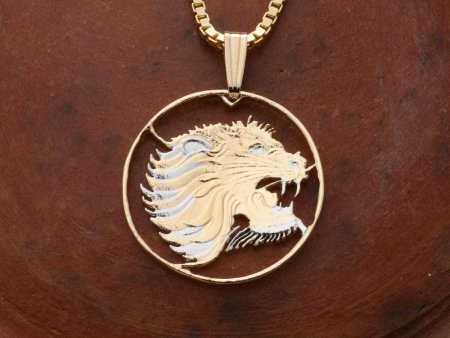 Lions Head Pendant and Necklace, Ethiopia 10 Cents Lions Head Coin Hand Cut, 14 Karat Gold and Rhodium Plated, 7/8" in Diameter,( #X 95 )