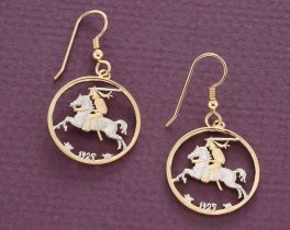 Lithuanian Coin Earrings, Lithuanian 20 Centu Coin Hand Cut, 14 K Gold and Rhodium plated, 14 K G/F Ear Wires, 7/8" in Diameter, ( # 817E )