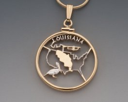 Louisiana State Quarter Pendant, Hand Cut United States State Quarter, 14 Karat Gold and Rhodium Plated, 1" in Diameter, ( #K 2018 )