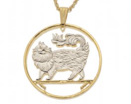 Maine Coon Cat Pendant and Necklace, Isle of Man Cat coin Hand Cut, 14 K Gold and Rhodium plated, 1 1/2" in Diameter, ( # 394 )