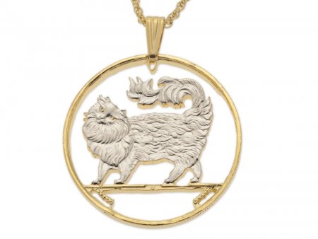 Maine Coon Cat Pendant and Necklace, Isle of Man Cat coin Hand Cut, 14 K Gold and Rhodium plated, 1 1/2" in Diameter, ( # 394 )