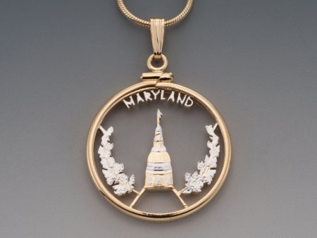 Maryland State Quarter Pendant, hand Cut Maryland State Quarter, 14 Karat Gold and Rhodium Plated, 1" in Diameter, ( #K 2007 )