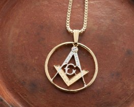 Masonic Emblem Pendant and Necklace, Masonic Medallion Hand Cut, 14 Karat Gold and Rhodium Plated, 1" in Diameter, ( #X 886 )