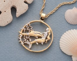 Mermaid and Dolphin Pendant and Necklace, Gibraltar Mermaid Coin hand Cut, 14 Karat Gold & Rhodium plated, 1 1/8 " in Diameter, ( # R638 )