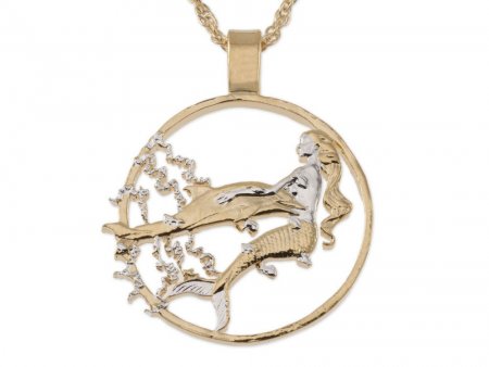 Mermaid and Dolphin Pendant and Necklace, Gibraltar Mermaid Coin hand Cut, 14 Karat Gold & Rhodium plated, 1 1/8 " in Diameter, ( # R638 )