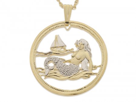 Mermaid Pendant and Necklace, Palau One Dollar Mermaid Coin Hand Cut, 14 K Gold and Rhodium plated,1 3/8" in Diameter, ( #R 489 )